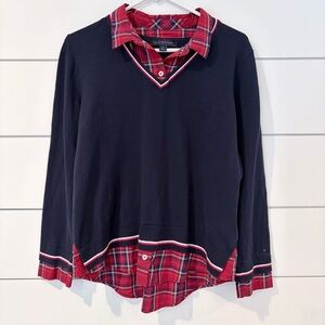 Tommy Hilfiger Navy Red Plaid Preppy Layered Sweater Shirt Combo Casual Large